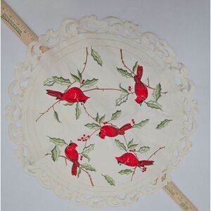 Round Christmas Red Cardinal Embroidered Lace Table Topper 16"